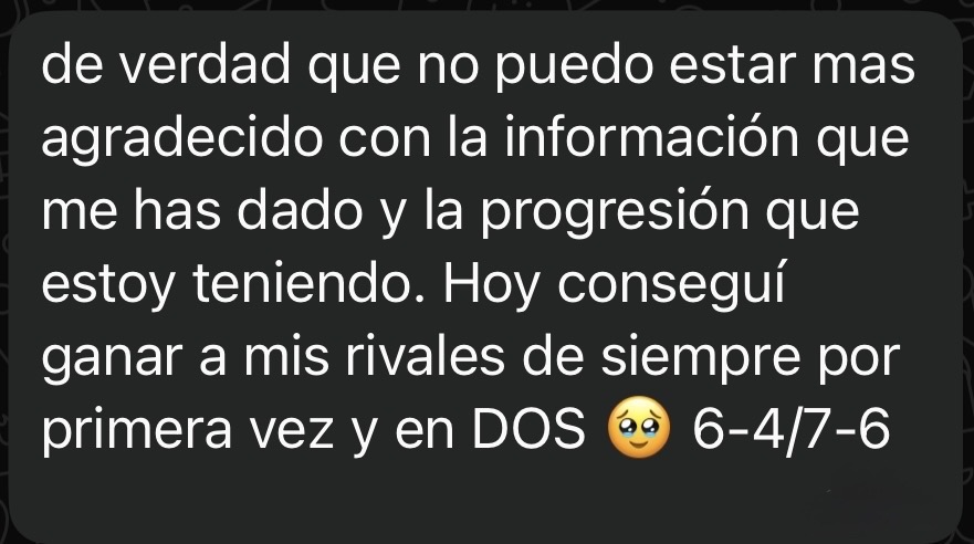 Mensaje de un alumno agradeciendo su progresión y haber ganado a sus rivales habituales.